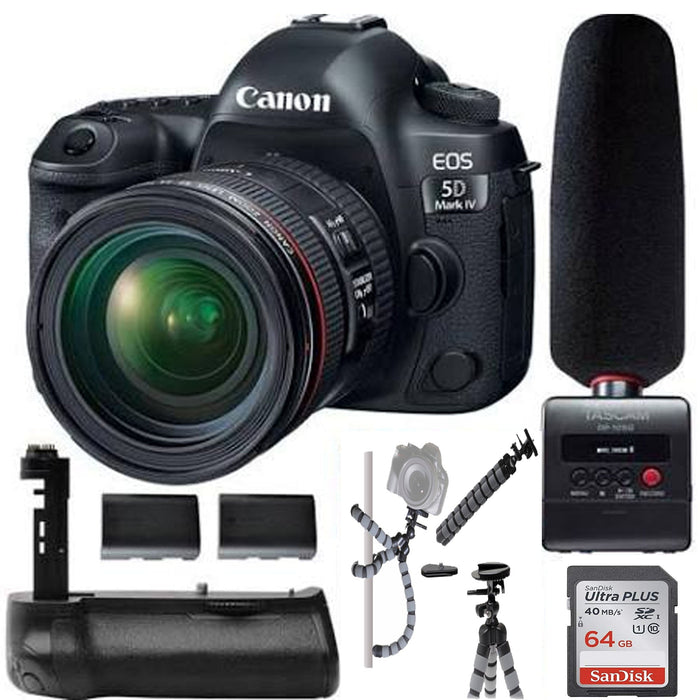 Canon EOS 5D Mark IV DSLR Camera EF 24-70mm IS USM Lens Tascam DR-10SG Audio Recorder & Microphone Kit