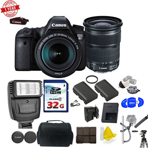 Canon Eos 6D 20.2MP Full Frame Dslr with Canon EF 24-105mm f/3.5-5.6 Is STM Lens +32GB Memory Card + UV Filter + Flexible Spider