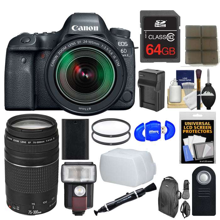 Canon EOS 6D Mark II DSLR Camera &amp; EF 24-105mm IS STM + 75-300mm III Lens + 64GB Card + Backpack + Flash + Battery/Charger + Filters Kit Bundle