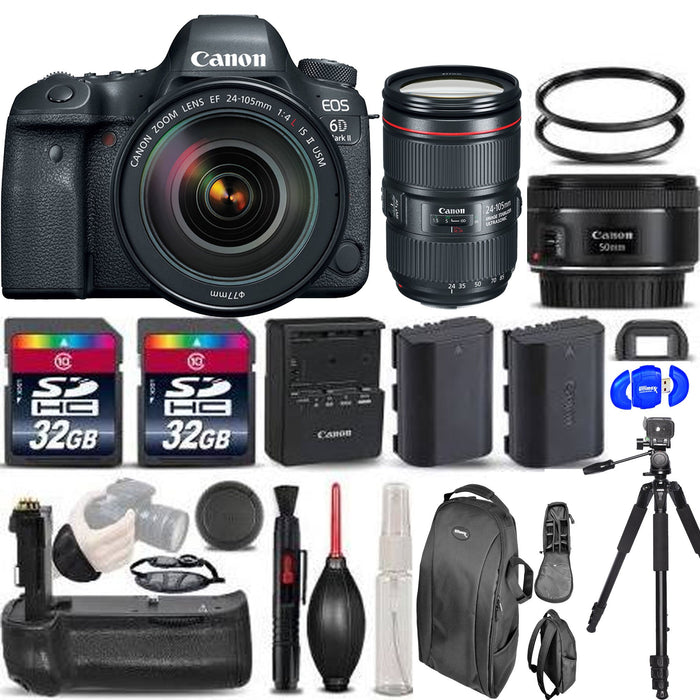 Canon EOS 6D Mark II DSLR Camera with 24-105mm f/4L II Lens |50mm 1.8 | 2X 32GB Memory Cards | Battery Grip &amp; More