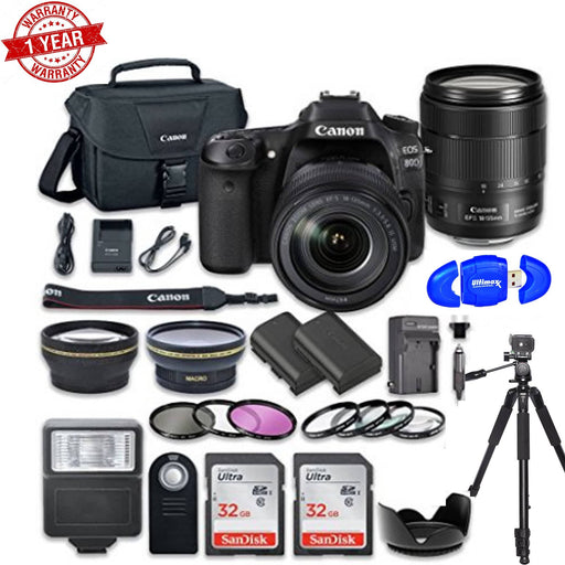 Canon EOS 80D Wi-Fi Full HD 1080P Digital SLR Camera w/ EF-S 18-135mm USM Lens 2pc SanDisk 32GB Memory Cards Accessory Kit