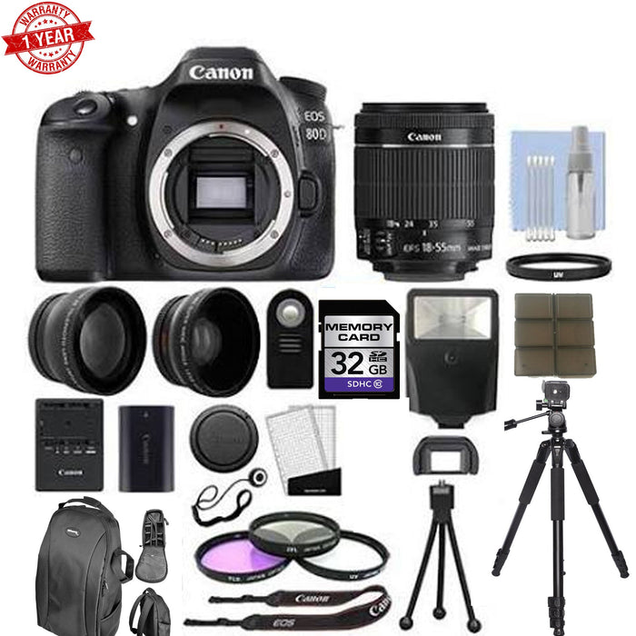 Canon EOS 80D Digital SLR Camera + 3 Lens: 18-55mm IS STM Lens + 32GB Bundle