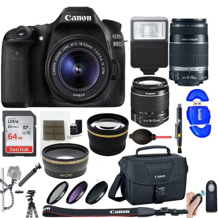 Canon EOS 80D DSLR w/18-55mm STM &amp; 55-250mm IS Lenses Deluxe Essential Bundle