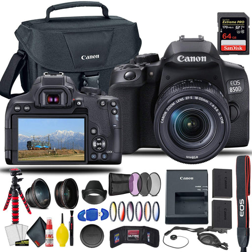 Canon EOS Rebel T8i/850D DSLR Camera w/ 18-55mm Lens + Extra Battery, Filter Kit + Camera Bag + Sandisk Extreme Pro 64GB Essential Package