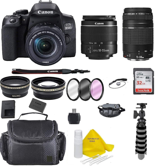 Canon EOS Rebel T8i/850D DSLR with EF-S 18-55mm F/3.5-5.6 III Zoom Lens + EF-S 75-300 Lens + Case+ Full Tripod + 32GB