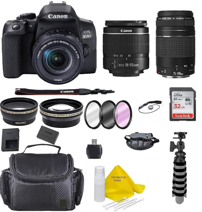 Canon EOS 850D / T8i SLR Camera w/EF-S 18-55mm F/3.5-5.6 III Zoom Lens+Canon EF-S 75-300 Lens+ Case+ Full Tripod+ 32gb+ More + TopKnotch Deals Cloth (International Model) Bundle - NJ Accessory/Buy Direct & Save