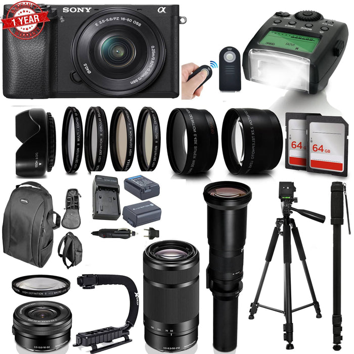 Sony Alpha A6300 Mirrorless Black Digital Camera with 16-50mm, 55-210mm &amp; 500mm Preset Lens Supreme Bundle