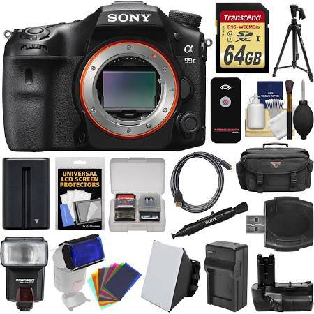 Sony Alpha A99 II Full Frame 4K Wi-Fi Digital SLR Camera Body with 64GB Card + Case + Flash + Battery &amp; Charger + Grip + Tripod + Kit