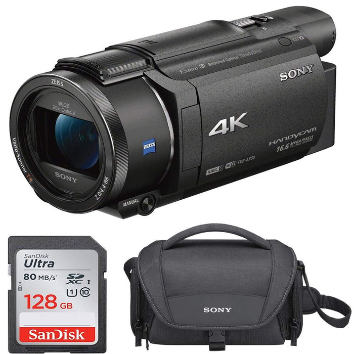 Sony FDR-AX53 4K Ultra HD Handycam Camcorder with 128GB Card and Case Bundle