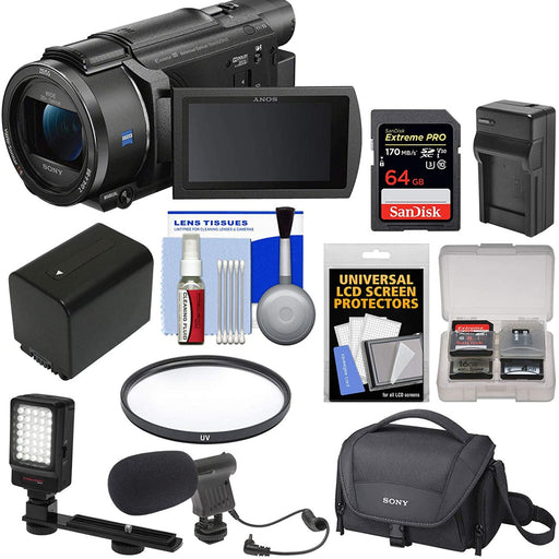 Sony FDR-AX53 4K Ultra HD Handycam Camcorder with 64GB Card | Battery &amp; Charger | Case | Filter | LED Light | Microphone | Kit