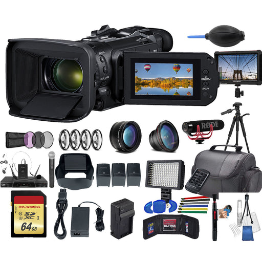 Canon Vixia HF G60 UHD 4K Camcorder w/ 2X Batteries, Close Up Filters, Tripod, LED Light, 64GB MC, External 4K Monitor, Rode Mic Go Bundle