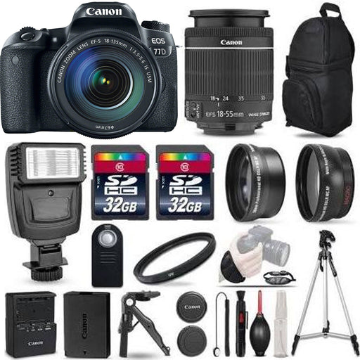 Canon EOS 77D DSLR Camera 1892C016 + 18-55mm IS-3 Lens Kit + Flash+ 64GB + More, Black