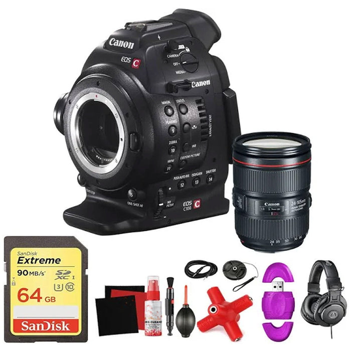 Canon EOS C100 Mark II with Dual Pixel CMOS AF & EF 24-105mm f/4L IS II USM Zoom Lens Kit with Sandisk 64GB Card | Sony Headphone & More