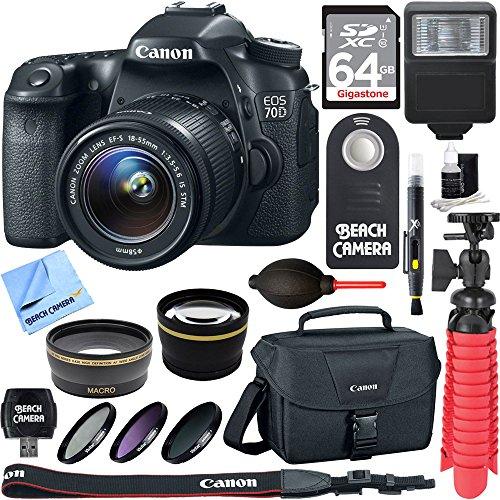 Canon EOS 70D/80D CMOS DSLR Camera w/EF-S 18-55mm F3.5-5.6 IS STM Lens Kit Accessory Bundle 64GB SDXC Memory DSLR Photo Bag Wide Angle Lens 2x Telephoto Lens Flash Remote Tripod & More