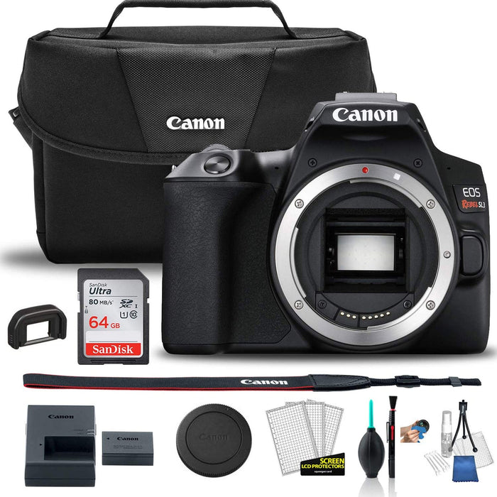 Canon EOS Rebel SL3/250D DSLR Camera (Black, Body Only) with Canon EOS Bag | Sandisk Ultra 64GB Card | Clean and Care Kit