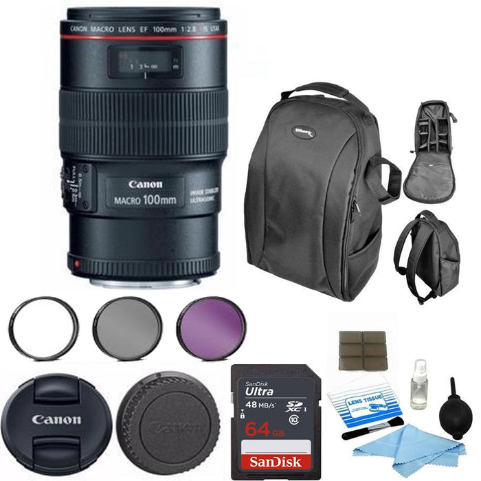 Canon EF 100mm f/2.8L Macro IS USM Lens with Sandisk 16GB | Backpack | Filter Kit &amp; Cleaning Kit