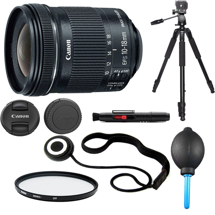 Canon EF-S 10-18mm F4.5-5.6 IS STM Lens w/ Filter &amp; Tripod Bundle-67mm UV Protective Filter,Cap Keeper,Tripod &amp; Dust Blower