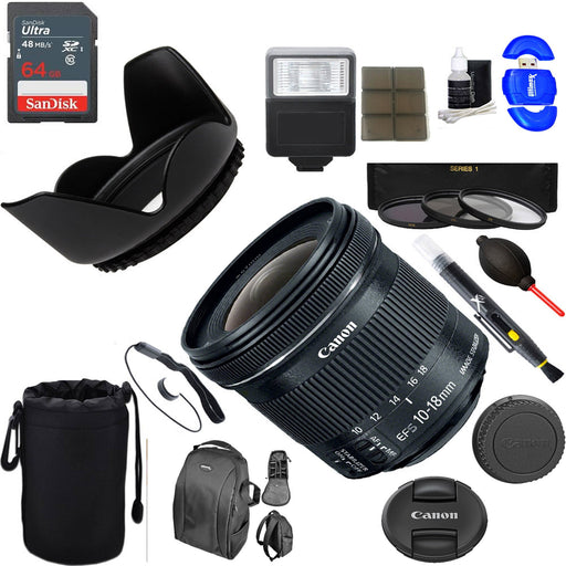 Canon EF-S 10-18mm F4.5-5.6 IS STM Lens + 64GB Ultimate Filter &amp; Flash Photography Bundle