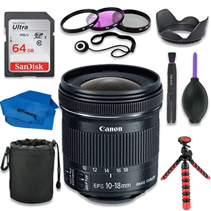 Canon EF-S 10-18mm f/4.5-5.6 IS STM Lens w/ Canon DSLR Cameras &amp; SanDisk 64GB Class 10 Memory Card | Complete Accessory