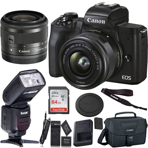 Canon EOS M50 Mark II Mirrorless Digital Camera with 15-45mm Lens (Black) Professional Flash Bundle