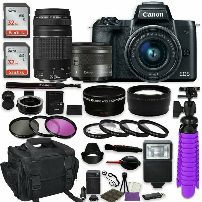 Canon EOS M50 Mark II Mirrorless Digital Camera with 15-45mm Lens (Black) Sandisk 64GB Memory Card Mega Bundle