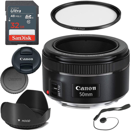 Canon EF 50mm f/1.8 STM Lens with Sandisk 32GB Memory Card | UV Filter &amp; Cap Keeper