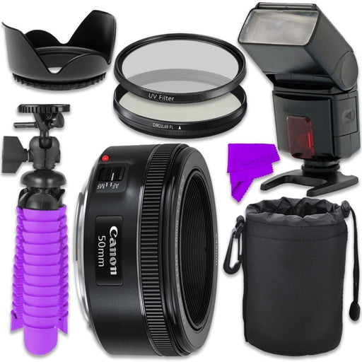 Canon EF 50mm f/1.8 STM Lens with TTL Flash | Filters | Flexible Tripod | Lens Hood | Pouch &amp; Cleaning Kit Bundle