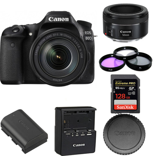 Canon EOS 80D DSLR Camera with 18-135mm Lens | Canon EF 50mm f/1.8 STM Lens | SanDisk 128GB Bundle