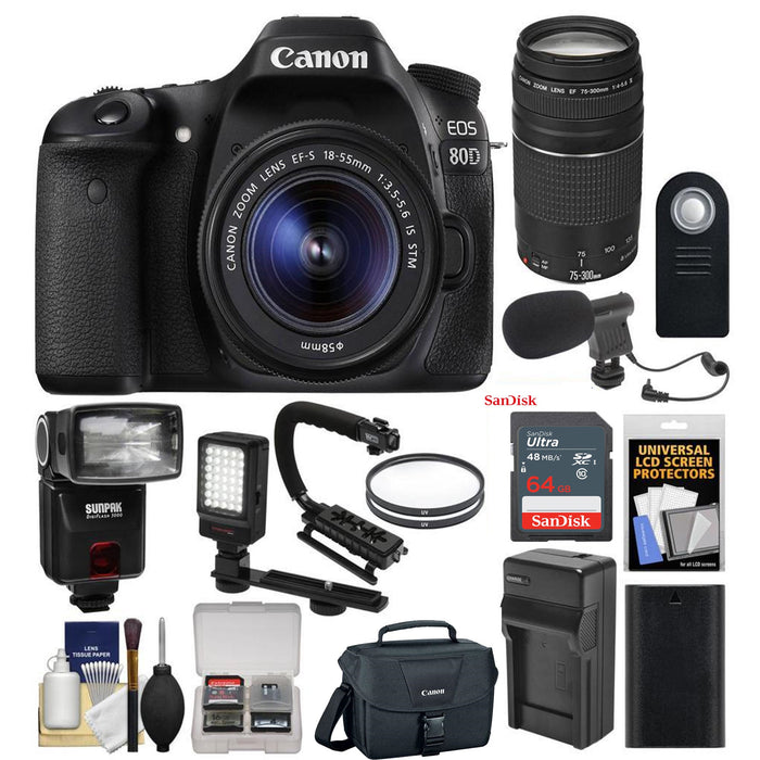 Canon EOS 80D Wi-Fi Digital SLR Camera &amp; EF-S 18-55mm IS STM w/ 75-300mm III Lens + 64GB + Battery + Case + Flash + LED Light + Mic + Stabilizer Kit