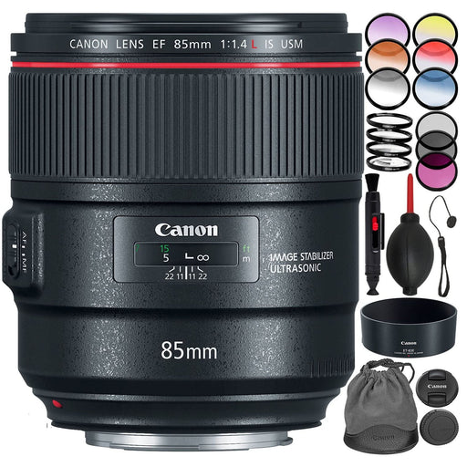 Canon EF 85mm f/1.4L IS USM Lens with 3 Piece Filter Kit + 4 Piece Macro Filter Set (+1, 2, 4, 10) + Graduated Color Filter Kit + More