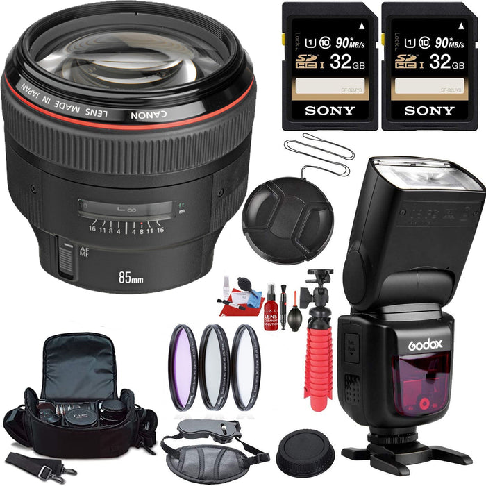 Canon EF 85mm f/1.2L II USM Lens USM with 2x Sony 32GB Cards | Godox Flash &amp; More Bundle