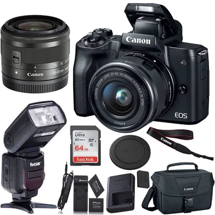 Canon EOS M50 Mirrorless Digital Camera with 15-45mm Lens (Black) with Professional Flash Bundle