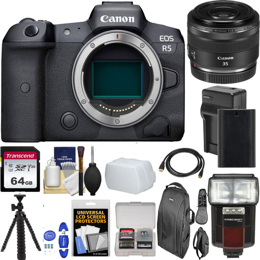 Canon EOS R5 Mirrorless Digital Camera with Canon RF 35mm f/1.8 IS Macro STM with 64GB Additional Accessories Bundle