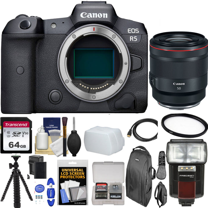 Canon EOS R5 Mirrorless Digital Camera with Canon RF 50mm f/1.2L USM with 64GB Additional Accessories Bundle