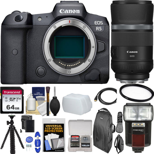 Canon EOS R5 Mirrorless Digital Camera with Canon RF 600mm f/11 IS STM with 64GB Additional Accessories Bundle