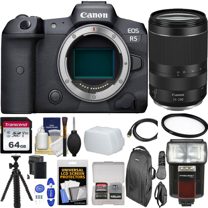 Canon EOS R5 Mirrorless Digital Camera with Canon RF 24-240mm f/4-6.3 IS USM with 64GB Additional Accessories Bundle