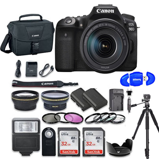 Canon EOS 90D DSLR Camera with 18-135mm Lens with 2x Sandisk 32GB Memory Cards | Canon EOS Case | Tripod | &amp; More