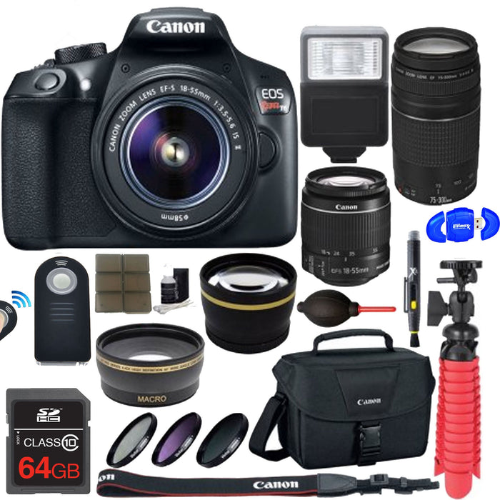 Canon EOS Rebel T6/2000D DSLR Camera with 18-55mm Lens and 75-300mm Lenses| 64GB MC| DSLR Bag |Flash | Tripod &amp; More