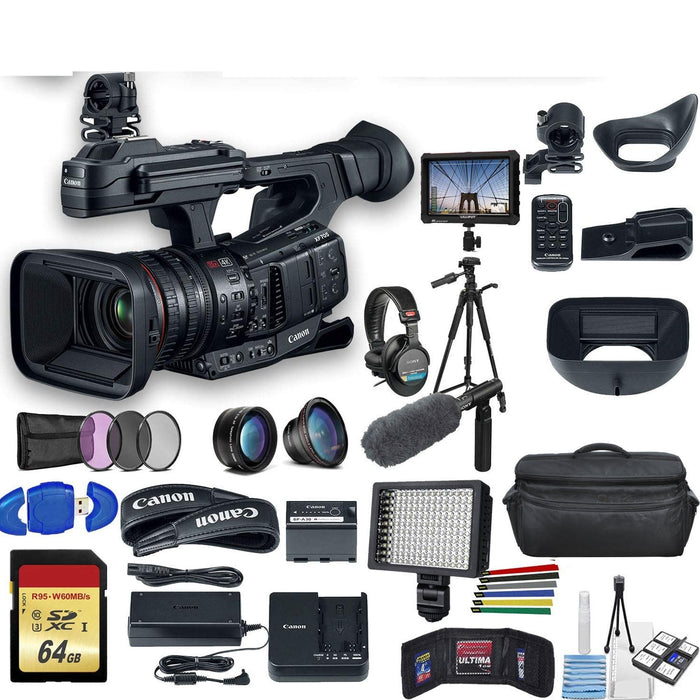 Canon XF705 4K 1&quot; Sensor XF-HEVC H.265 W/ Tripod, Padded Case, LED Light, 64GB MC, Sony Headphones External 4K Monitor, Sony ECM-VG1 Supreme Bundle