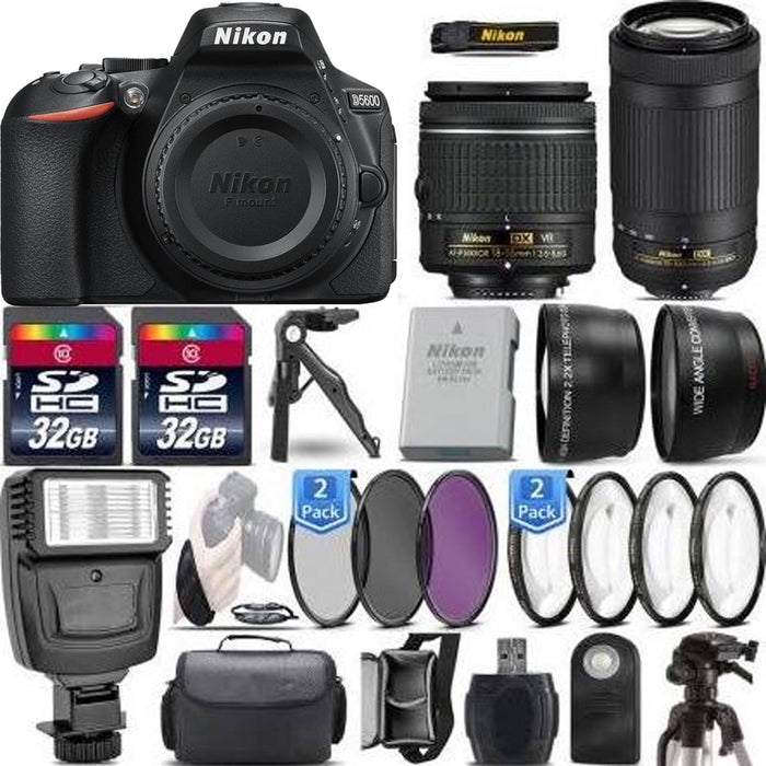 Nikon D5600 DSLR Camera + 18-55mm VR Lens + 70-300mm Macro + Flash - 64GB Kit