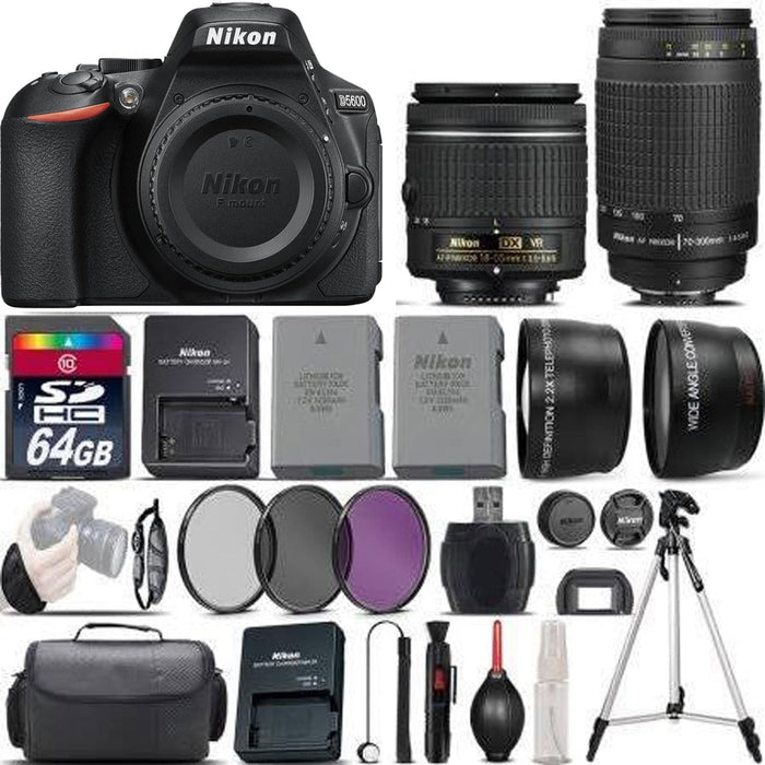 Nikon D5600 Digital SLR Camera + 18-55mm VR + Nikon 70-300mm + EXT BATT + 64GB