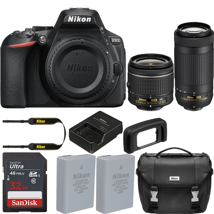 Nikon D5600 DSLR Camera with 18-55mm and 70-300mm Lenses | Sandisk 32GB Memory Card | Nikon Case | Spare Battery Bundle