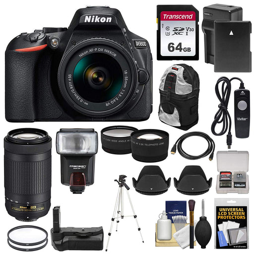 Nikon D5600 Wi-Fi Digital SLR Camera with 18-55mm VR &amp; 70-300mm DX AF-P Lenses + 64GB Card + Case + Flash + Battery &amp; Charger + Grip + Tripod + Kit