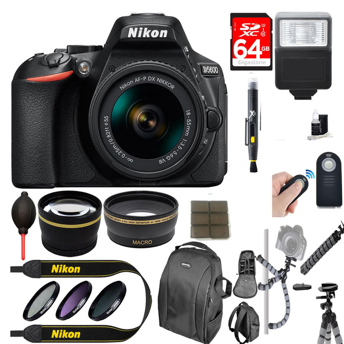 Nikon D5600 DSLR Camera + AF-S DX 18-55mm VR Lens Kit + Accessory Bundle 64GB SDXC Memory