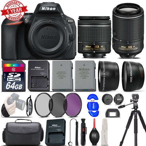 Nikon D5600 Digital SLR Camera + 18-55mm VR + 55-200mm VR II + EXT BATT + 64GB