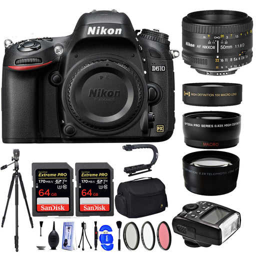 Nikon D610 DSLR Camera with Nikon 50mm 1.8D &amp; 2x Sandisk 64GB Memory cards, Tripod, Case, Flash &amp; More Bundle