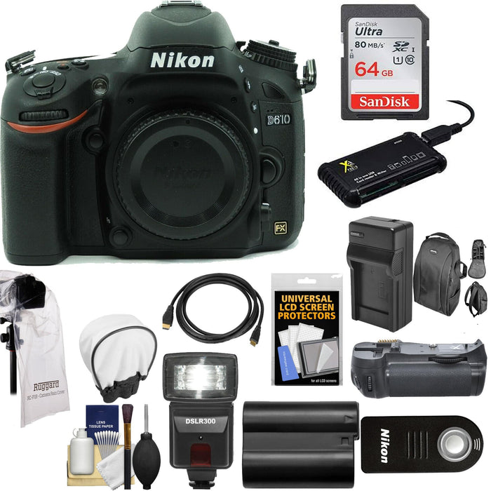 Nikon D610 Digital SLR Camera (Body Only) with Sandisk 64GB Card | Sling Case | Flash | Grip| Battery &amp; Charger &amp; More Bundle