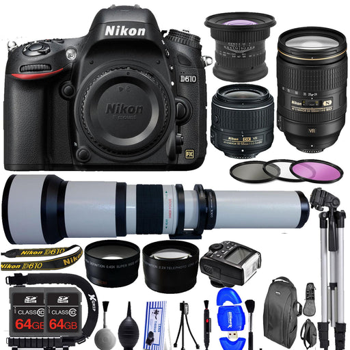 Nikon D610 DSLR SLR Digital Camera with 18-55mm VR | 6.5mm Fisheye | 650-1300 Lens | 24-120MM VR | Sandisk 128GB Deluxe Essential Bundle