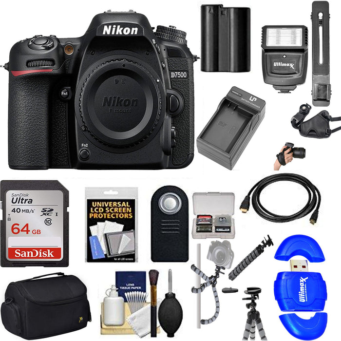 Nikon D7500 DSLR Camera (Body Only) with 64GB Card &amp; Battery Bundle