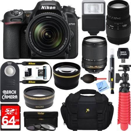 Nikon D7500 Wi-Fi 4K Digital SLR Camera Body with 70-300mm VR AF-P Lens + 64GB Card + Battery &amp; Charger + Case + Tripod + Flash + Kit